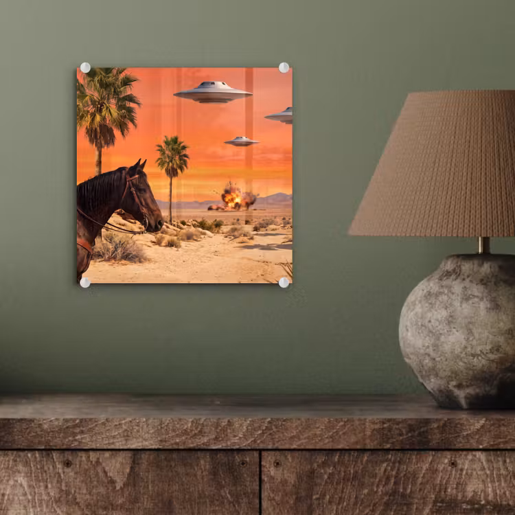 Glass Print - Cowboy - Horse - Desert - Cowboy - Paard - Woestijn plexiglas 5mm klein