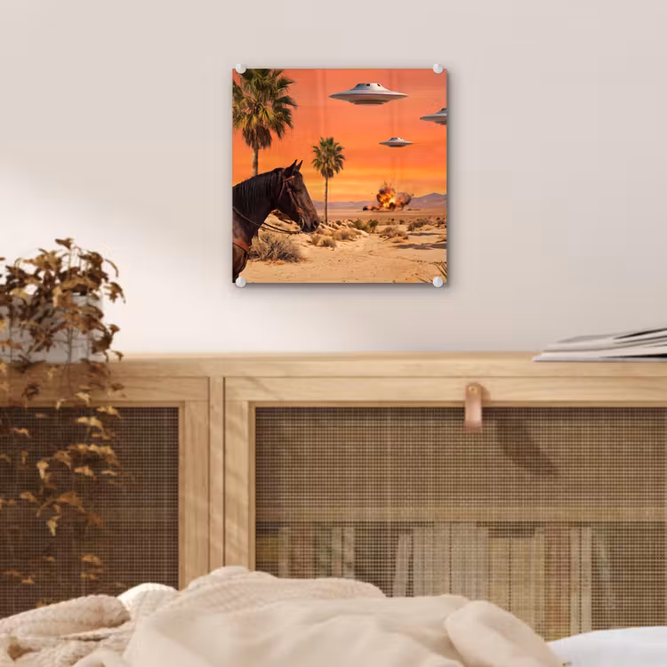 Glass Print - Cowboy - Horse - Desert - Cowboy - Paard - Woestijn plexiglas 5mm klein