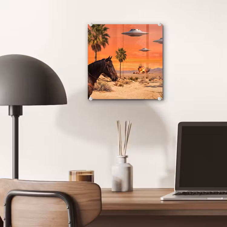 Glass Print - Cowboy - Horse - Desert - Cowboy - Paard - Woestijn plexiglas 5mm klein