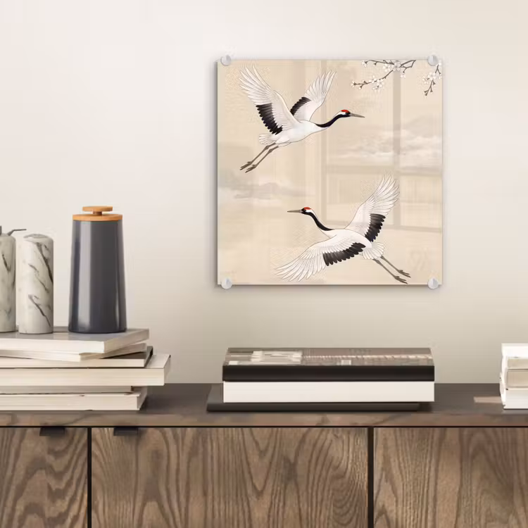 Kraanvogels - Bloesem - Beige plexiglas 5mm klein -sfeer1