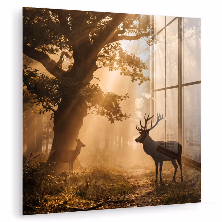 Hert - Bos - Mistig - Natuur - Goud plexiglas 5mm klein -zzzproduct_nieuw