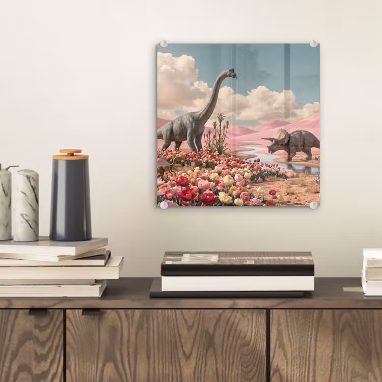 Glass Print - Dinosaur - Pink - Landscape - Dinosaurus - Roze - Landschap plexiglas 5mm klein