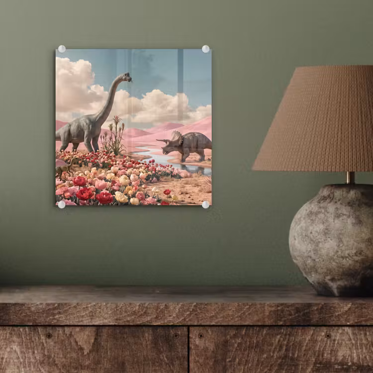 Glass Print - Dinosaur - Pink - Landscape - Dinosaurus - Roze - Landschap plexiglas 5mm klein