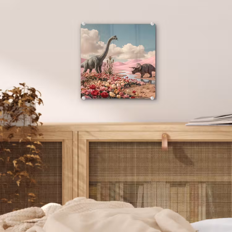 Glass Print - Dinosaur - Pink - Landscape - Dinosaurus - Roze - Landschap plexiglas 5mm klein