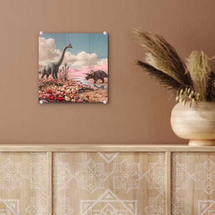 Glass Print - Dinosaur - Pink - Landscape - Dinosaurus - Roze - Landschap plexiglas 5mm klein