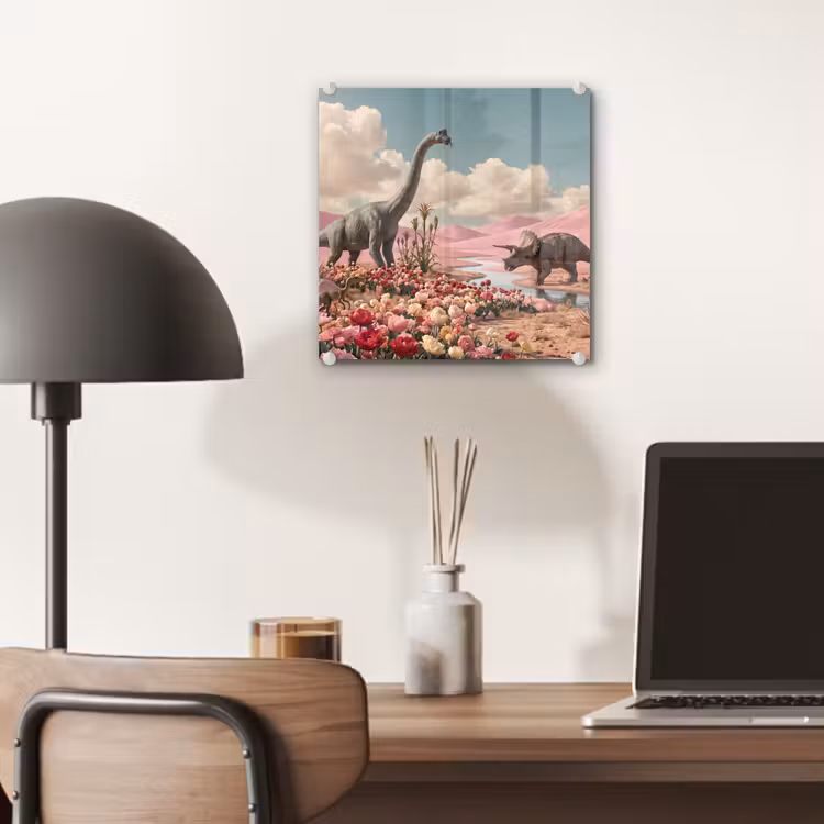 Glass Print - Dinosaur - Pink - Landscape - Dinosaurus - Roze - Landschap plexiglas 5mm klein