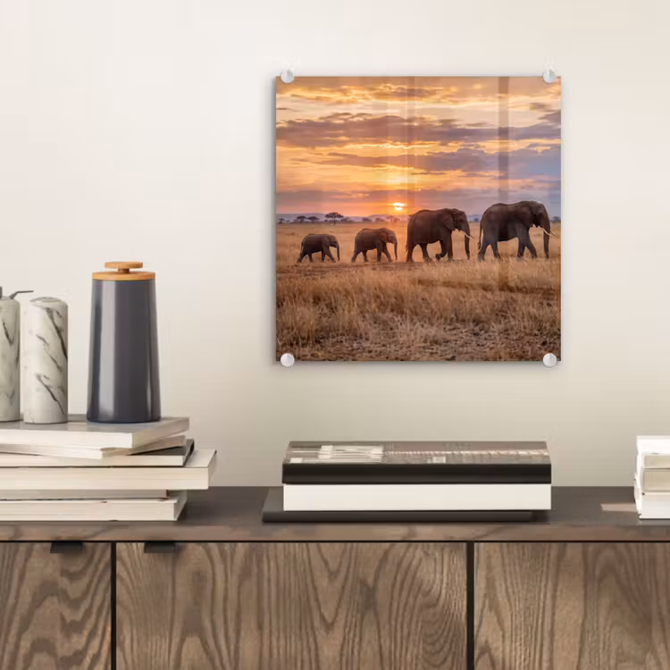 Olifanten - Savanne - Zonsondergang - Afrika - Warm plexiglas 5mm klein -sfeer1