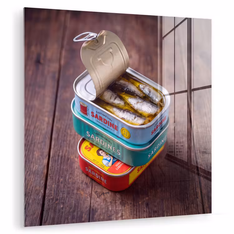Glass Print - Fish - Cans - Kitchen - Vis - Blikjes - Keuken plexiglas 5mm klein