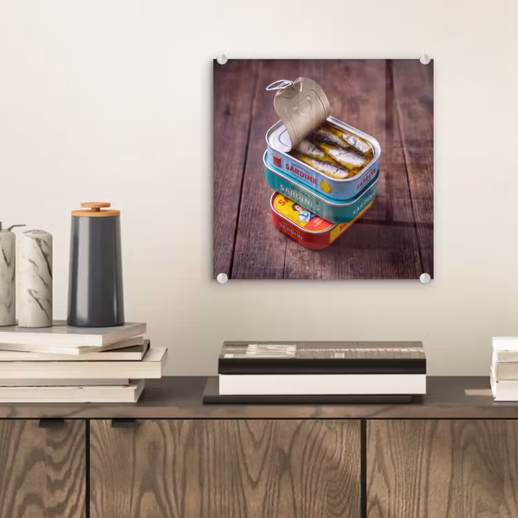 Glass Print - Fish - Cans - Kitchen - Vis - Blikjes - Keuken plexiglas 5mm klein