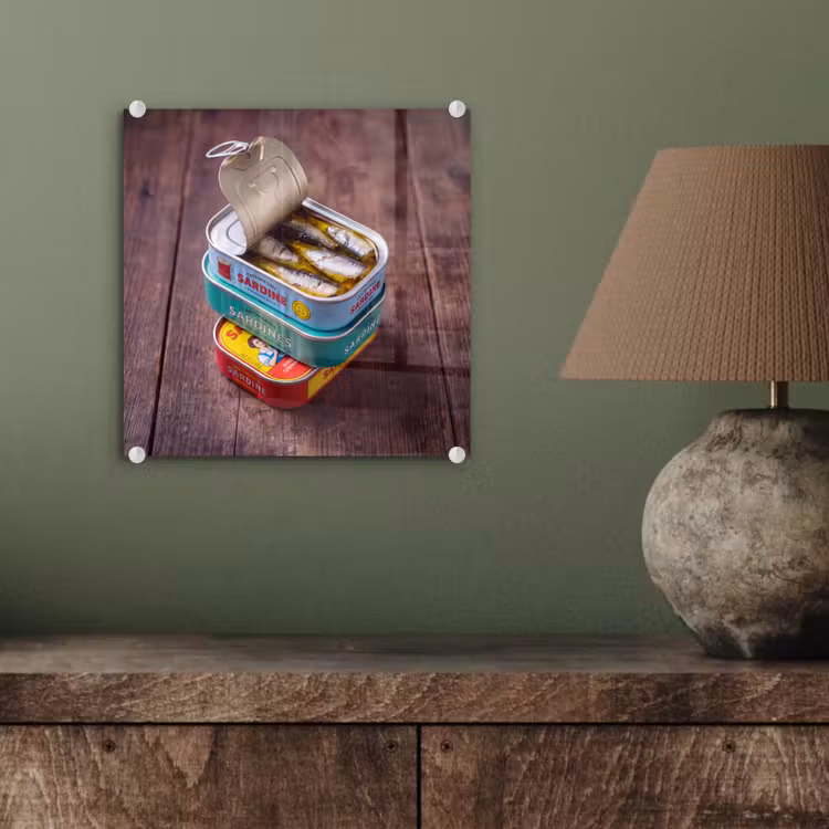 Glass Print - Fish - Cans - Kitchen - Vis - Blikjes - Keuken plexiglas 5mm klein