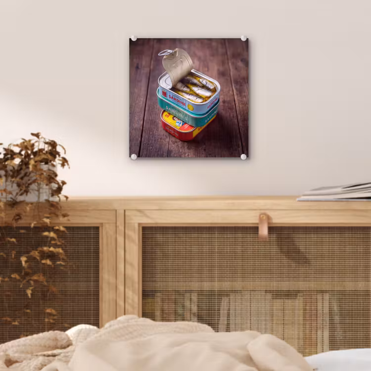 Glass Print - Fish - Cans - Kitchen - Vis - Blikjes - Keuken plexiglas 5mm klein