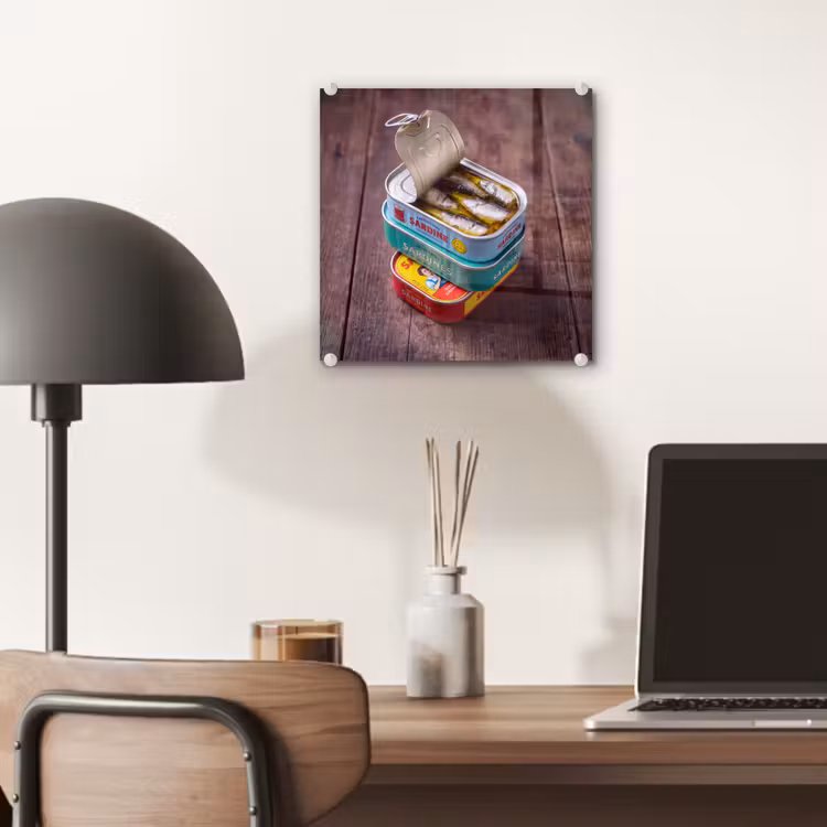 Glass Print - Fish - Cans - Kitchen - Vis - Blikjes - Keuken plexiglas 5mm klein