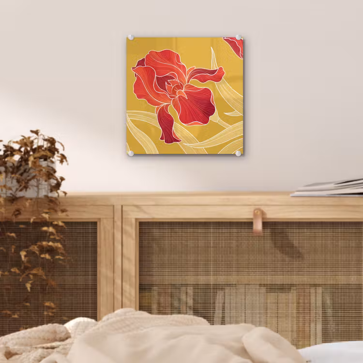 Glass Print - Flowers - Illustration - Red - Bloemen - Illustratie - Rood plexiglas 5mm klein