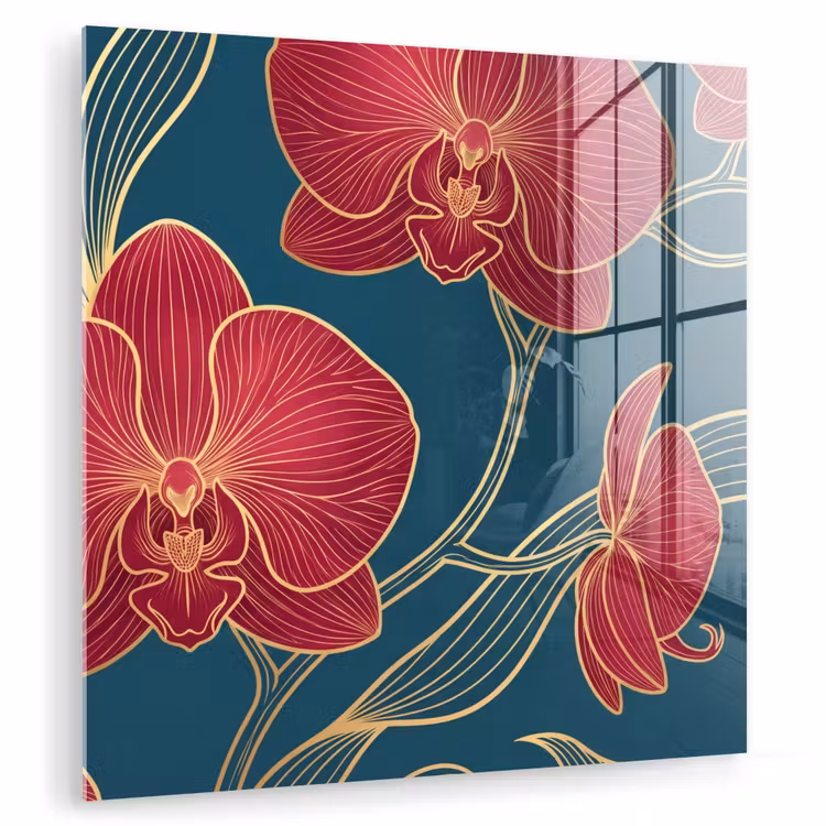 Glass Print - Flowers - Red - Gold - Bloemen - Rood - Goud plexiglas 5mm klein