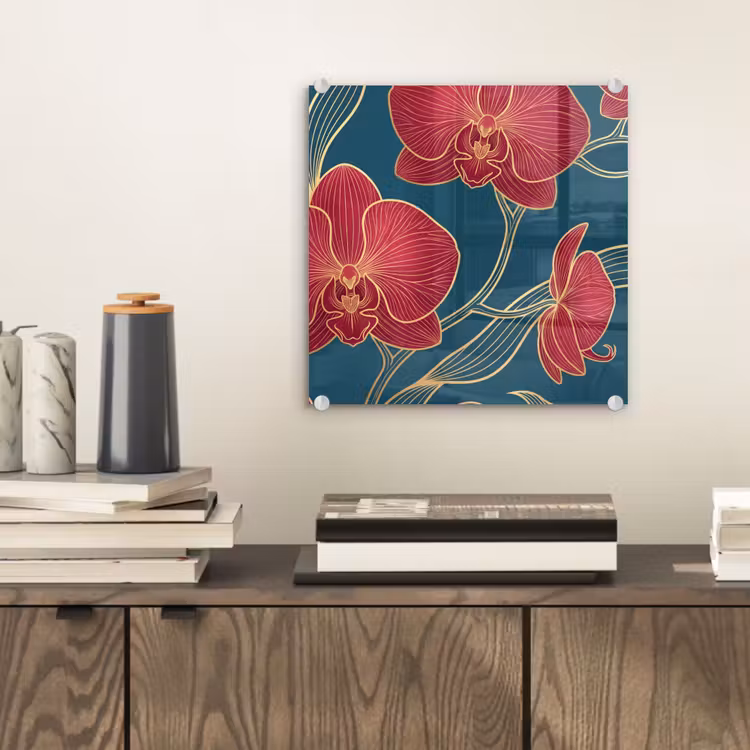 Glass Print - Flowers - Red - Gold - Bloemen - Rood - Goud plexiglas 5mm klein