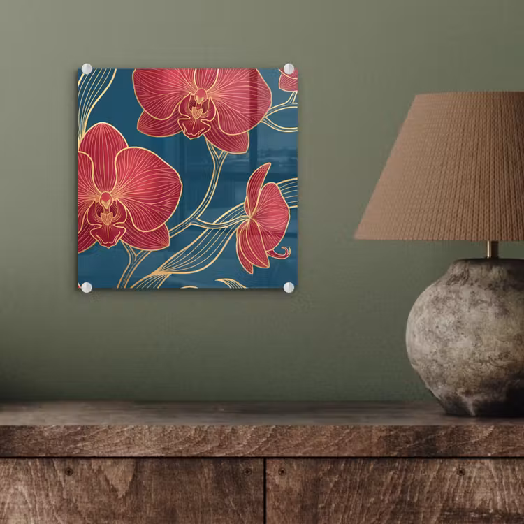 Glass Print - Flowers - Red - Gold - Bloemen - Rood - Goud plexiglas 5mm klein