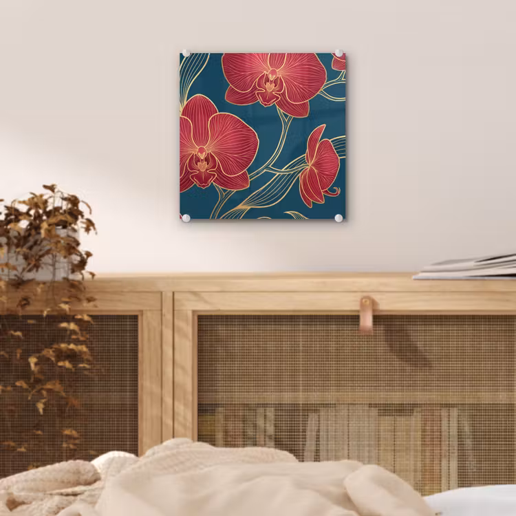 Glass Print - Flowers - Red - Gold - Bloemen - Rood - Goud plexiglas 5mm klein