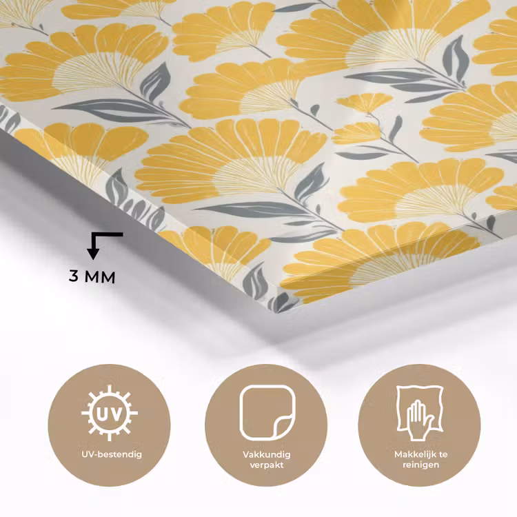 Bloemen - Retro - Botanisch - Okergeel - Grijs plexiglas 5mm klein 11 -sfeer2