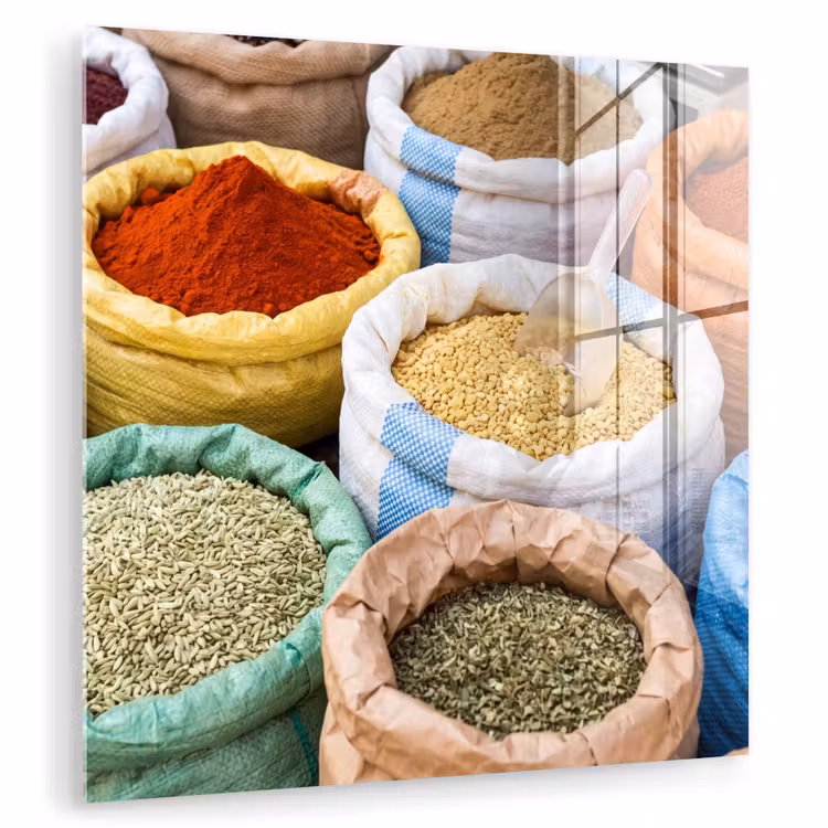 Glass Print - Herbs - Bags - Market - Kruiden - Zakken - Markt plexiglas 5mm klein