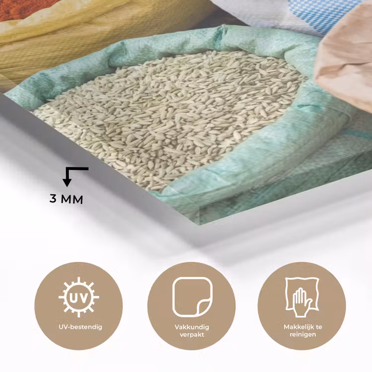 Glass Print - Herbs - Bags - Market - Kruiden - Zakken - Markt plexiglas 5mm klein