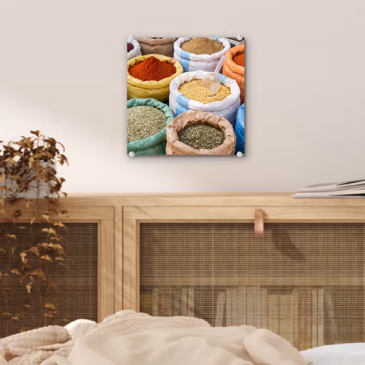 Glass Print - Herbs - Bags - Market - Kruiden - Zakken - Markt plexiglas 5mm klein