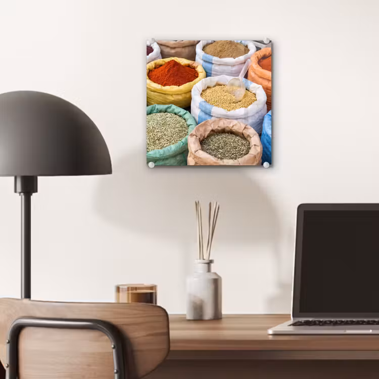 Glass Print - Herbs - Bags - Market - Kruiden - Zakken - Markt plexiglas 5mm klein