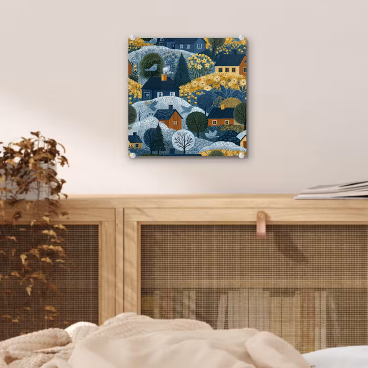 Huisjes - Bloemen - Patroon - Geel - Blauw plexiglas 5mm klein 11 -sfeer4