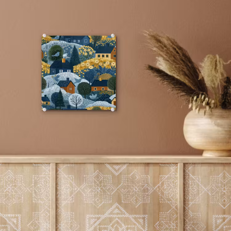 Huisjes - Bloemen - Patroon - Geel - Blauw plexiglas 5mm klein 11 -sfeer5