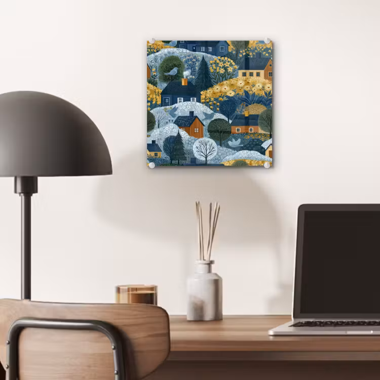 Huisjes - Bloemen - Patroon - Geel - Blauw plexiglas 5mm klein 11 -sfeer6