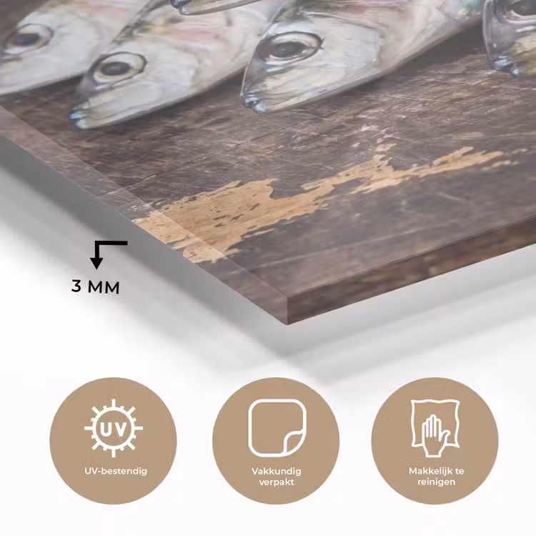 Glass Print - Little Sardine - newspaper - cutting board - Sardientje - krant - snijplank plexiglas 5mm klein