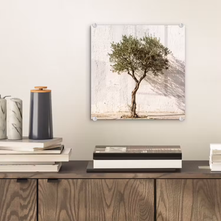Glass Print - Olive Tree - Wall - White - Olijfboom - muur - wit plexiglas 5mm klein