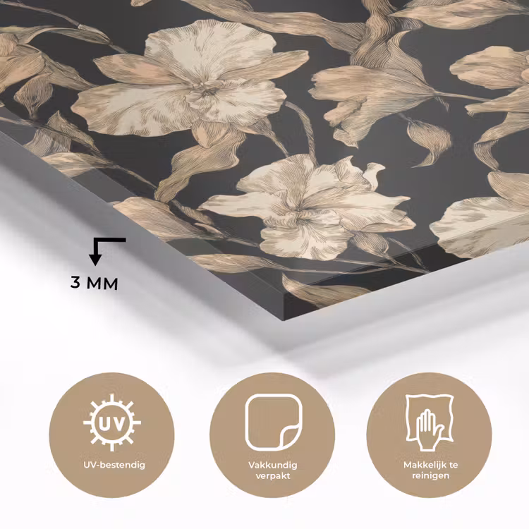 Orchideeën - Lijntekening - Patroon - Beige - Zwart plexiglas 5mm klein 11 -sfeer2