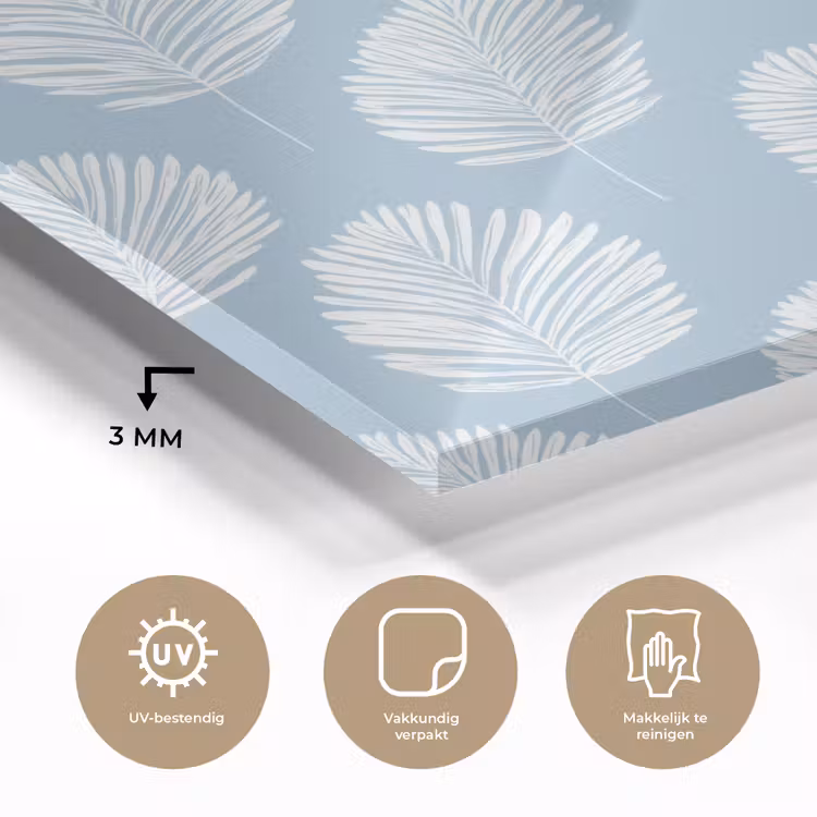 Palmbladeren - Naadloos - Patroon - Pastelblauw plexiglas 5mm klein 11 -sfeer2