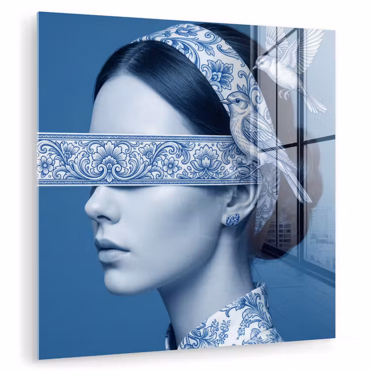 Portret - Klassiek - Wit - Blauw plexiglas 5mm klein -zzzproduct_nieuw