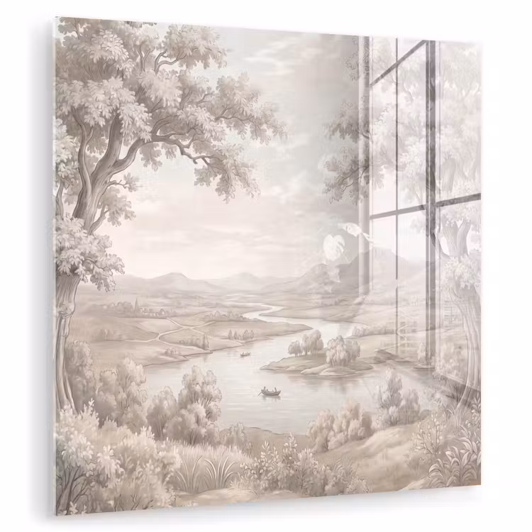 Rivierlandschap - Bergen - Natuur - Vintage - Beige plexiglas 5mm klein -zzzproduct_nieuw