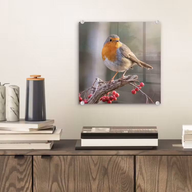 Roodborst - Tak - Bessen - Natuur plexiglas 5mm klein -sfeer1
