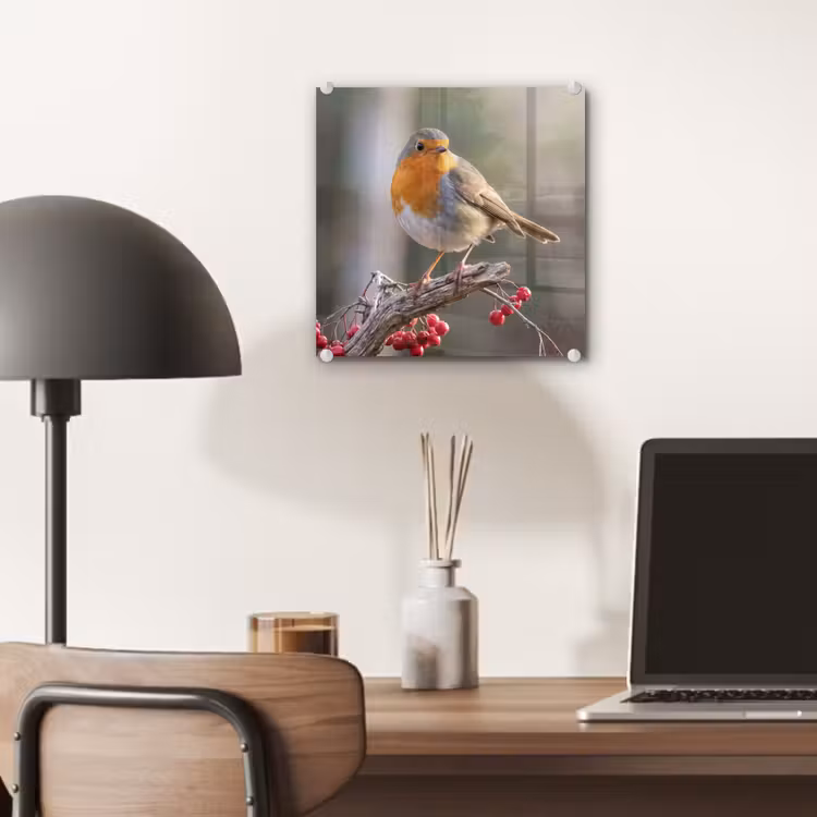 Roodborst - Tak - Bessen - Natuur plexiglas 5mm klein -sfeer6