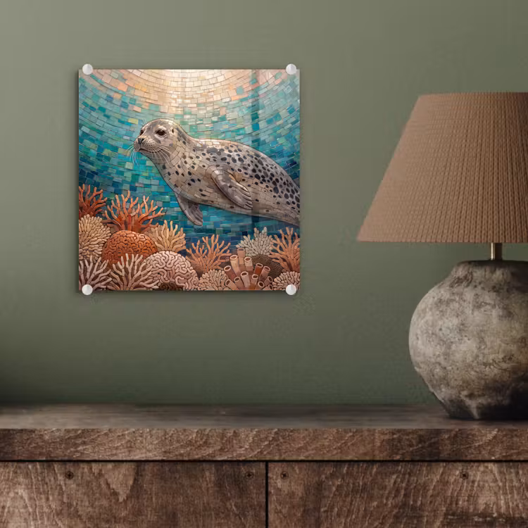 Zeehond - Mozaïek - Onderwater - Dieren - Blauw plexiglas 5mm klein -sfeer3