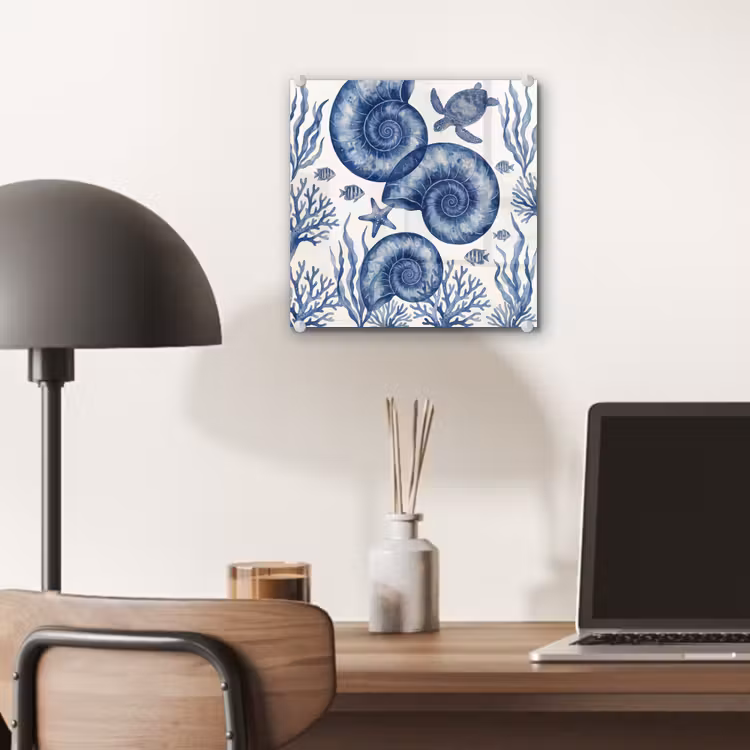 Schelp - Spiraal - Zeeleven - Aquarel - Blauw plexiglas 5mm klein -sfeer6