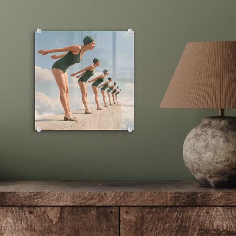 Glass Print - Women - Diving Pose - Clouds - Vrouwen - Duikhouding - Wolken plexiglas 5mm klein