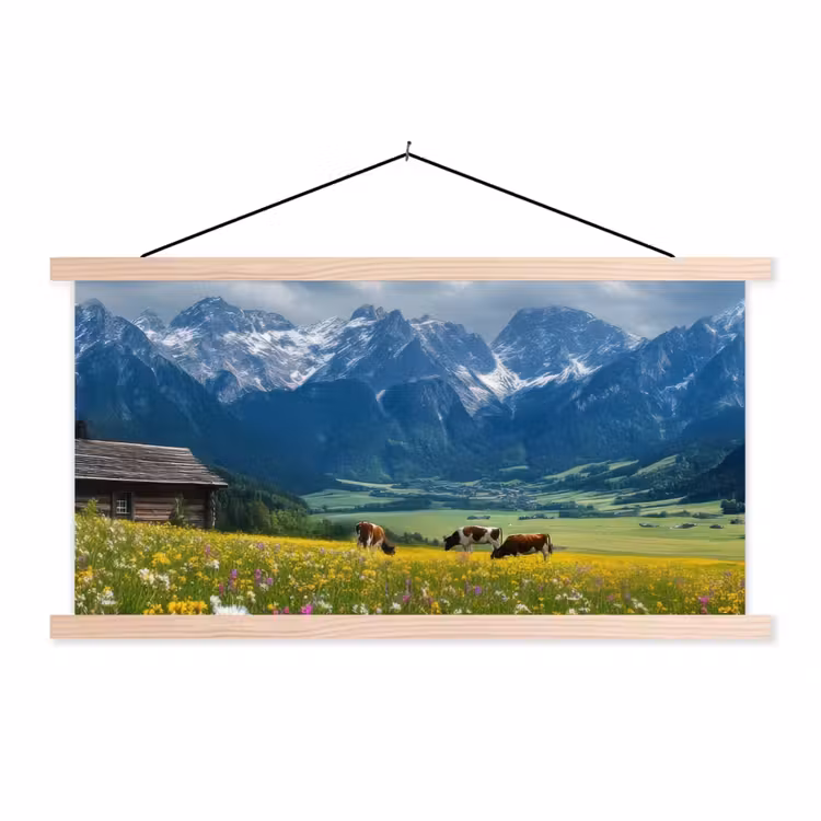 Alpen - Weide - Bergen - Koeien textielposter latten blank klein -3d