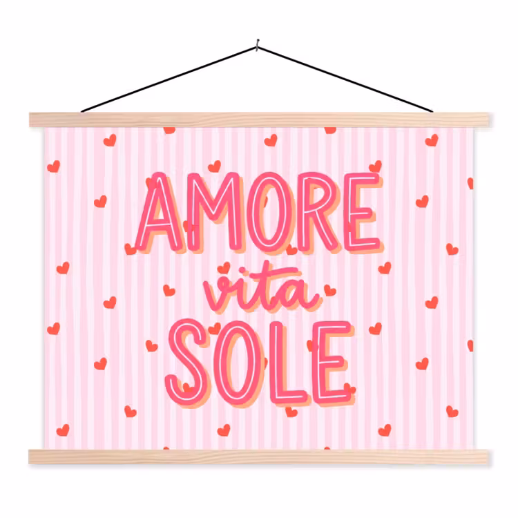 Amore vita sole - Roze - Hartjes textielposter latten blank klein -3d