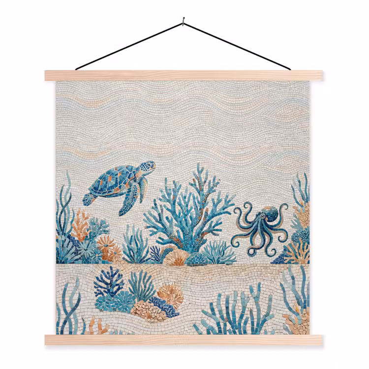 Dieren - Onderwater - Natuur - Mozaïek - Blauw textielposter latten blank klein -3d