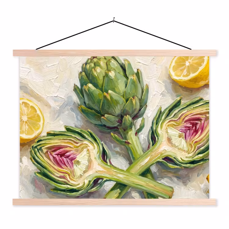 Hanging Poster - Artichoke - Lemon - Food - Artisjok - Citroen - Eten textielposter latten blank klein