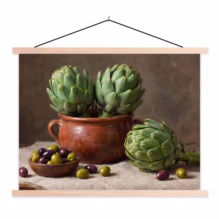 Hanging Poster - Artichokes - Olives - Food - Artisjokken - Olijven - Eten textielposter latten blank klein