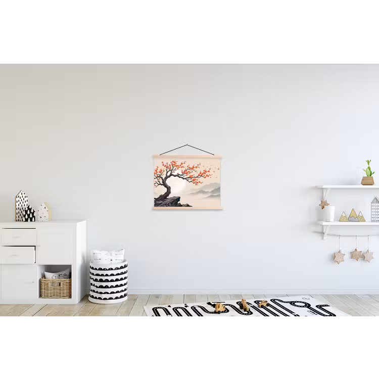 Aziatisch - Bloesem - Rood textielposter latten blank klein -kinderkamer