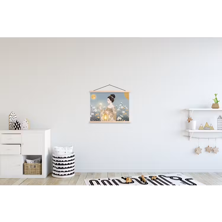 Aziatisch - Vrouw - Kimono textielposter latten blank klein -kinderkamer