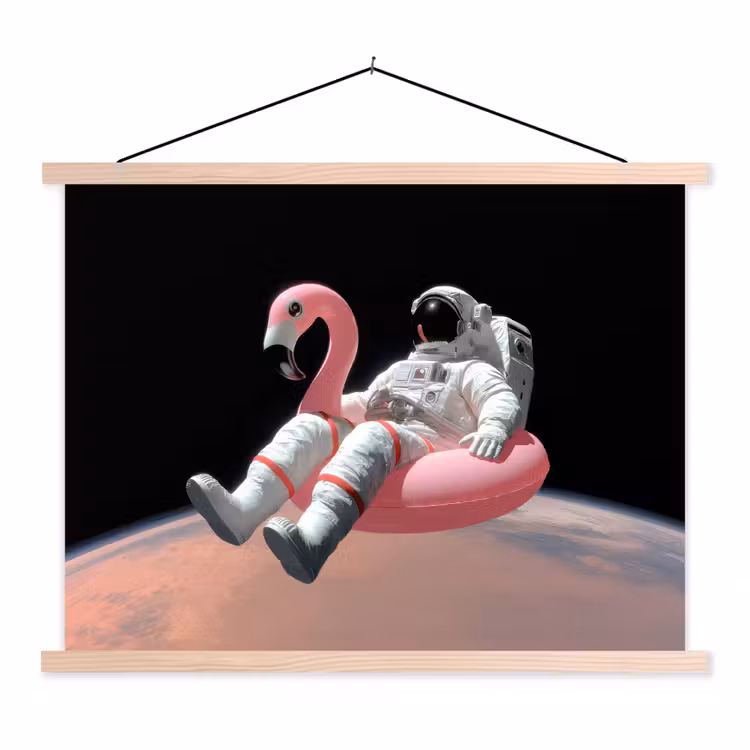 Astronaut - Flamingo - Zwemband - Roze textielposter latten blank klein -3d
