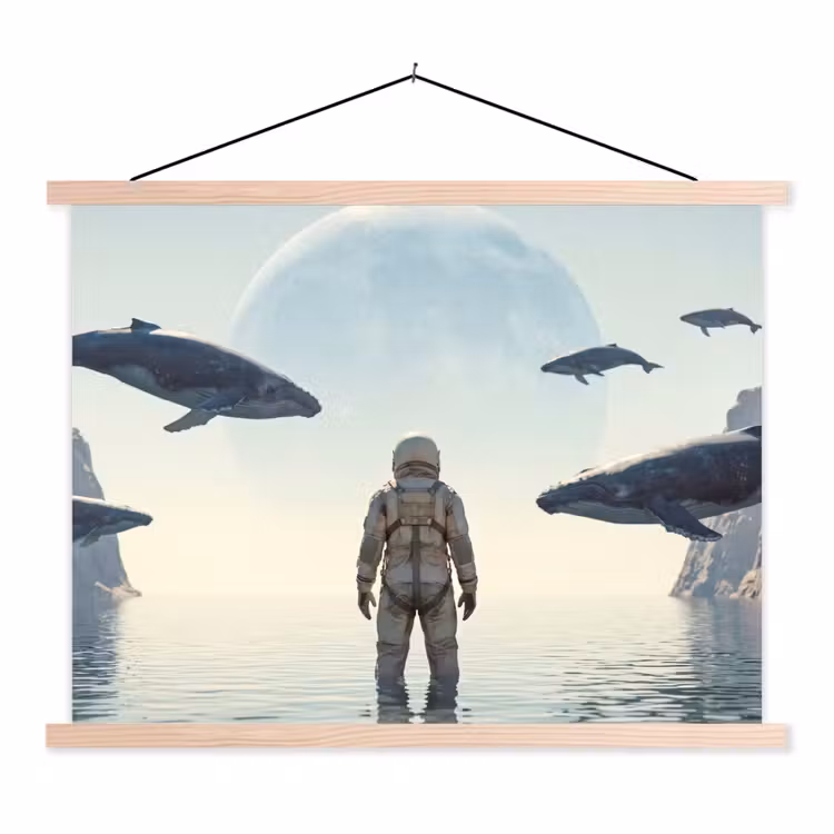 Hanging Poster - Astronaut - Whale - Fantasy - Ruimtevaarder - Walvis - Fantasie textielposter latten blank klein