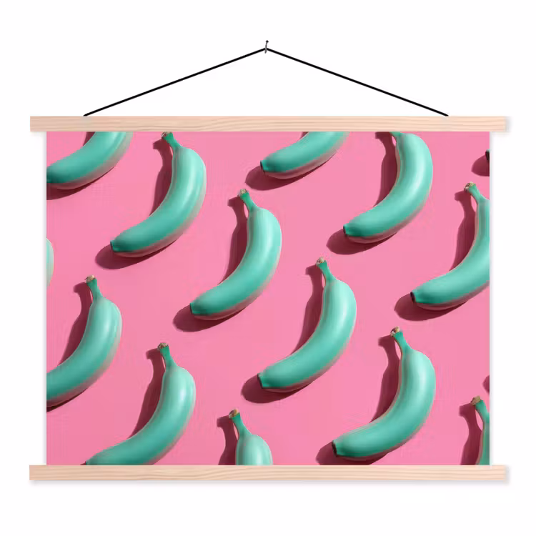 Bananen - Patroon - Blauw - Roze textielposter latten blank klein -3d